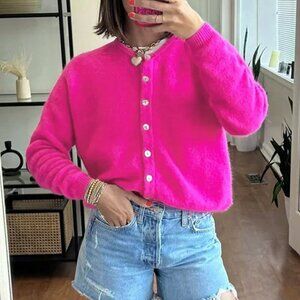 Hot Pink Casual Women's V-Neck Cardigan Sweater